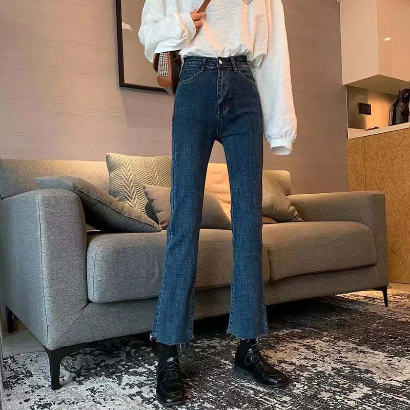 

Dark Blue High Waist Slimming Denim Micro-Flared Ankle-Length Pants Women's 2021 Early Spring New All-Match Small Pants Fashion
