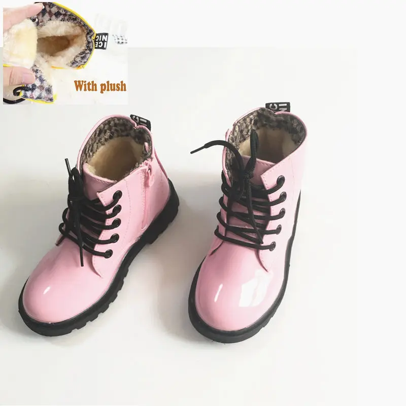 Pink Plush Детские Ботинки martin из искусственной кожи; водонепроницаемые ботинки для девочек; зимняя Нескользящая Обувь На Шнуровке Для мальчиков; детские зимние ботинки - Цвет: Pink Plush