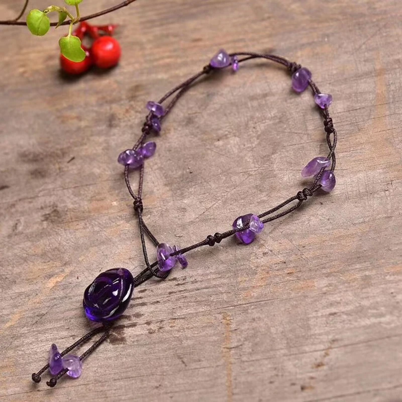 

Handmade Braided Anklets for Women Jewelry Natural Amethyst Jade Rose Quartz Stone Beads Chain Flower Engraved Fine Jewelry
