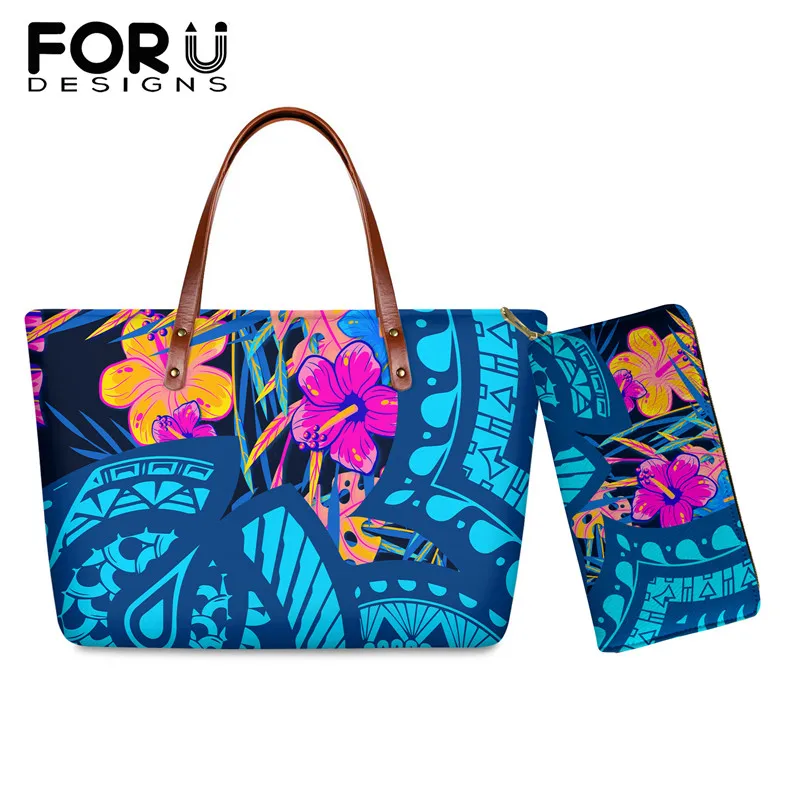 

FORUDESIGN Women's Handbag 2Pcs Set With Leather Zipper Wallet Polynesian Hibiscus Shoulderbag Casual Beach Tote Bag Femme Bolso