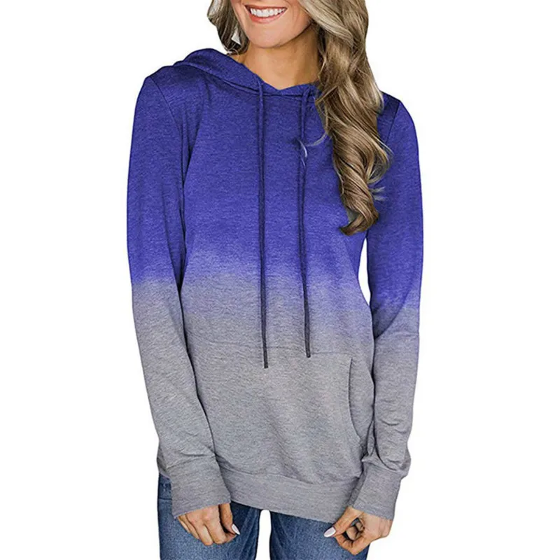 

Winter Long Winter Women Round Gradient Neck Sleeve Pullover Women Pocket Drawstring Hooded Slim
