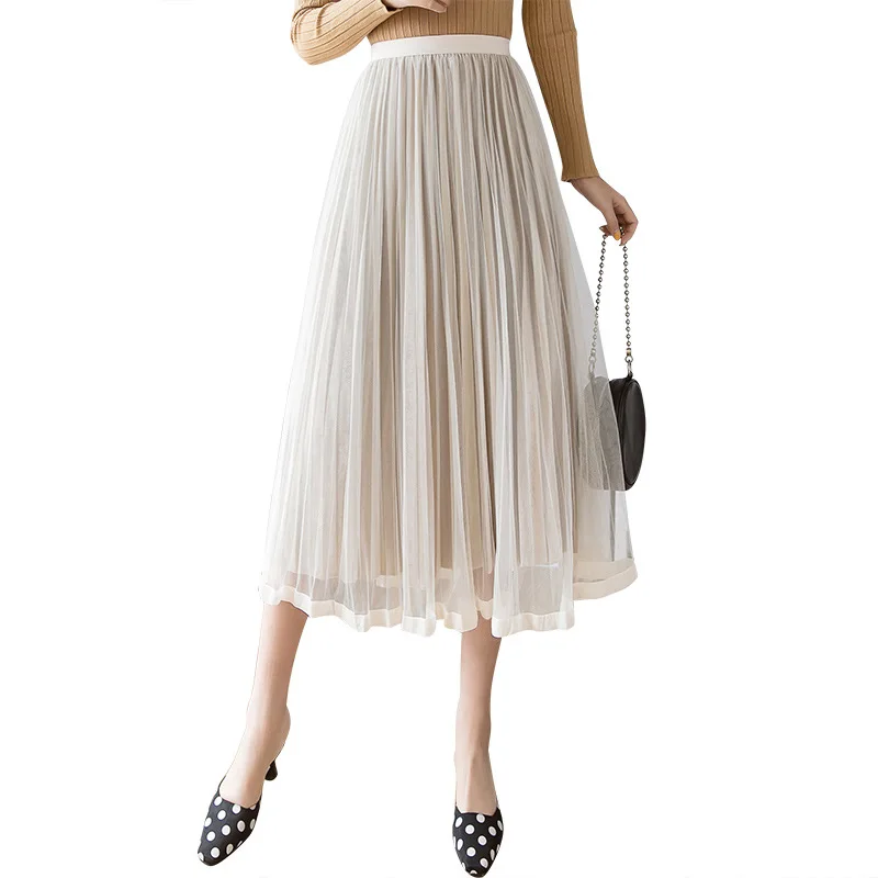 

Korean Style splicing velvet pleated Lady medium length skirt maxi skirt tulle skirt Gauze skirt Black Blue Apricot women skirt