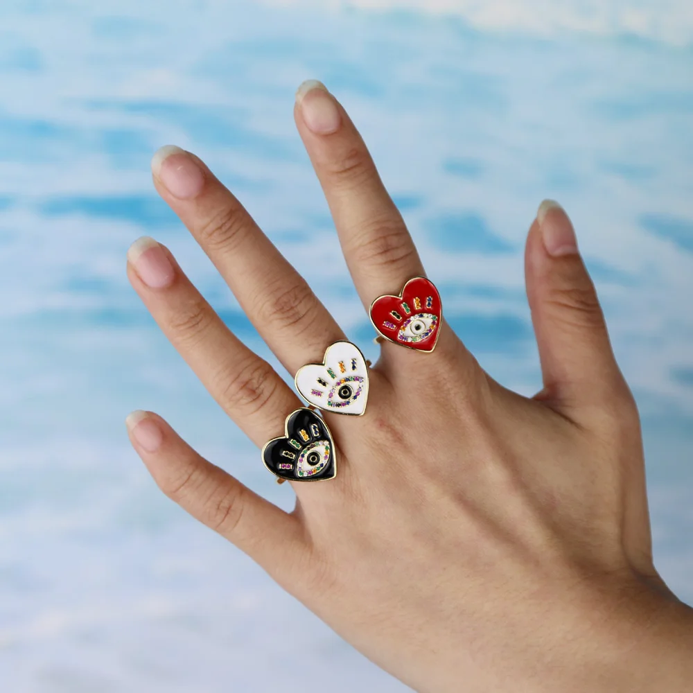 Кольцо женское регулируемое золотое белое черное красное с сердцем от сглаза |