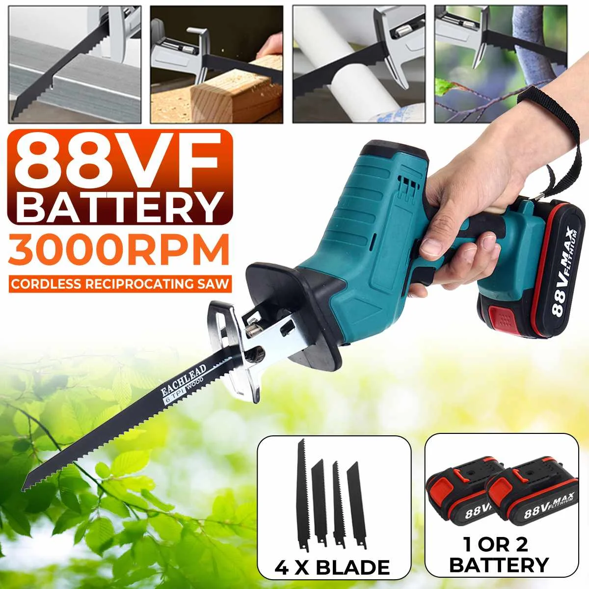 

88V Cordless Reciprocating Saw Handsaw Saber Saw Multifunction Saw for Metal Wood Pipe Cutting Saw with 4 Blades Kit