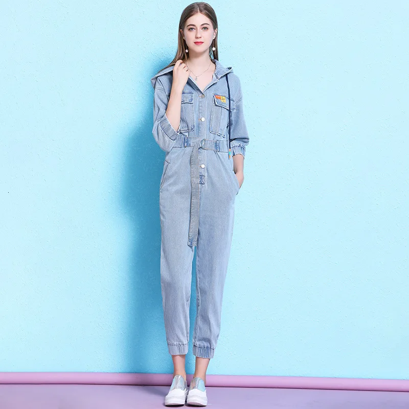 

Женский джинсовый комбинезон с капюшоном, повседневный свободный джинсовый комбинезон до щиколотки, модель NW19C6293 на осень