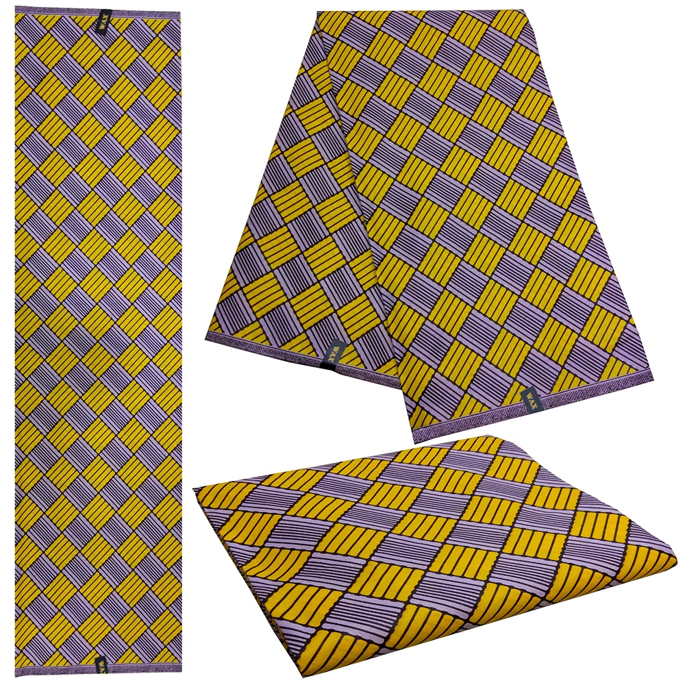 6Yards\Set African Fabric Holland Wax Yellow&ampPurple Square Print High Quality |