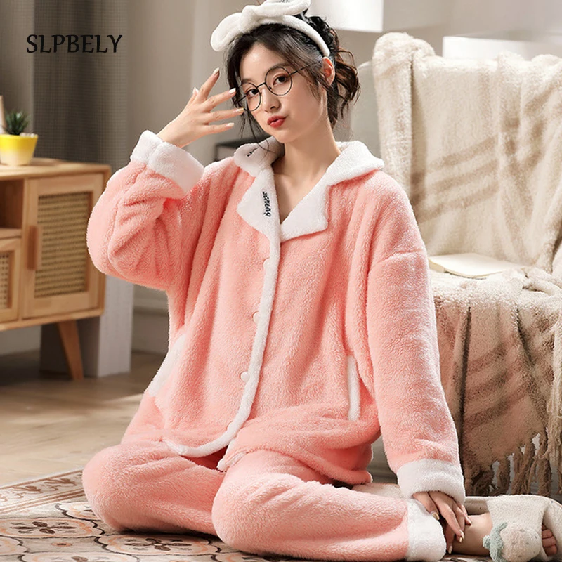 

SLPBELY Winter Flannel Women Pajamas Sets Coral Velvet Pyjamas Warm Thick CardiganLong Sleeve Solid Cardigan Sleepwear Homewear