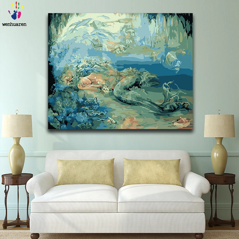 DIY Раскрашивание по номерам русалки в море картины с комплектами 40x50