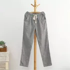 Весенне-осенние новые женские повседневные брюки свободные длинные брюки льняные брюки с эластичной резинкой на талии прямые штаны в полоску Pantalon