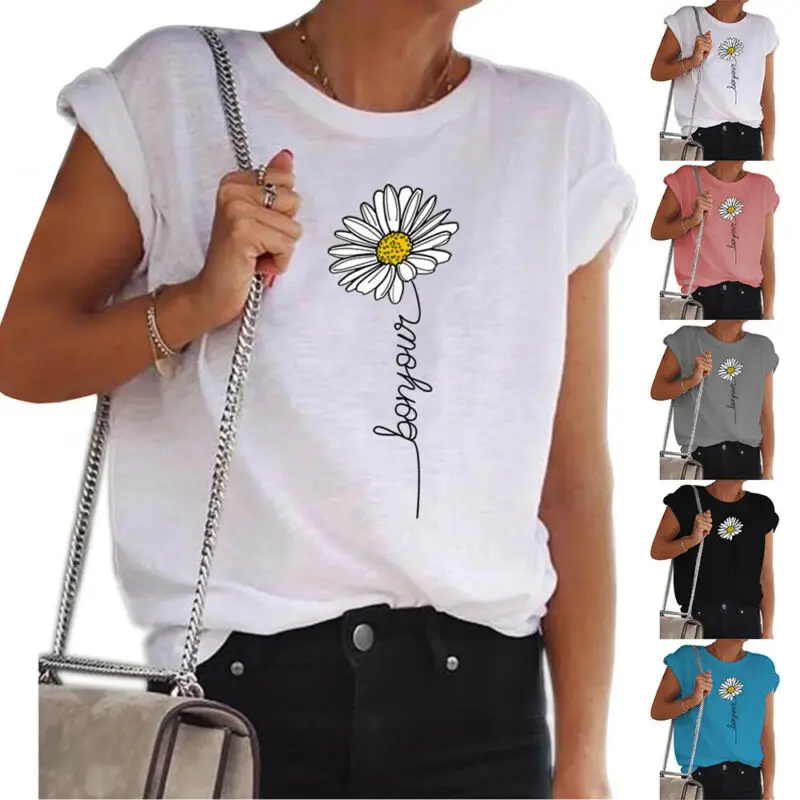 

Daisy Print T-shirt Women Tops Short Sleeve Ladies Top Crew Neck Casual Tees Tops Summer 2021