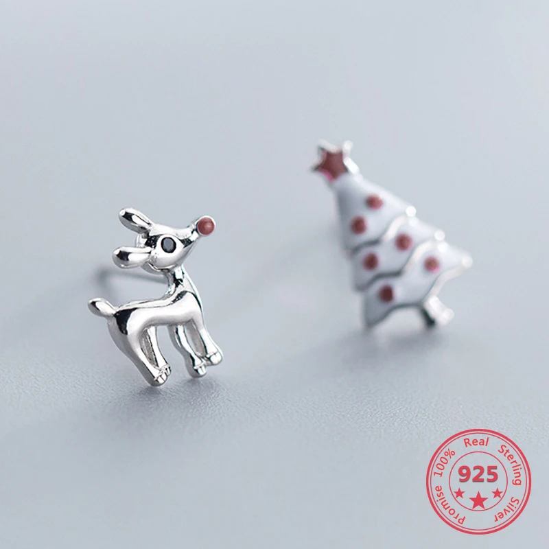 Real 925 Sterling Silver Cute Deer Christmas tree Jewelry Women Asymmetry Stud Earrings Fashion Girl Gifts | Украшения и