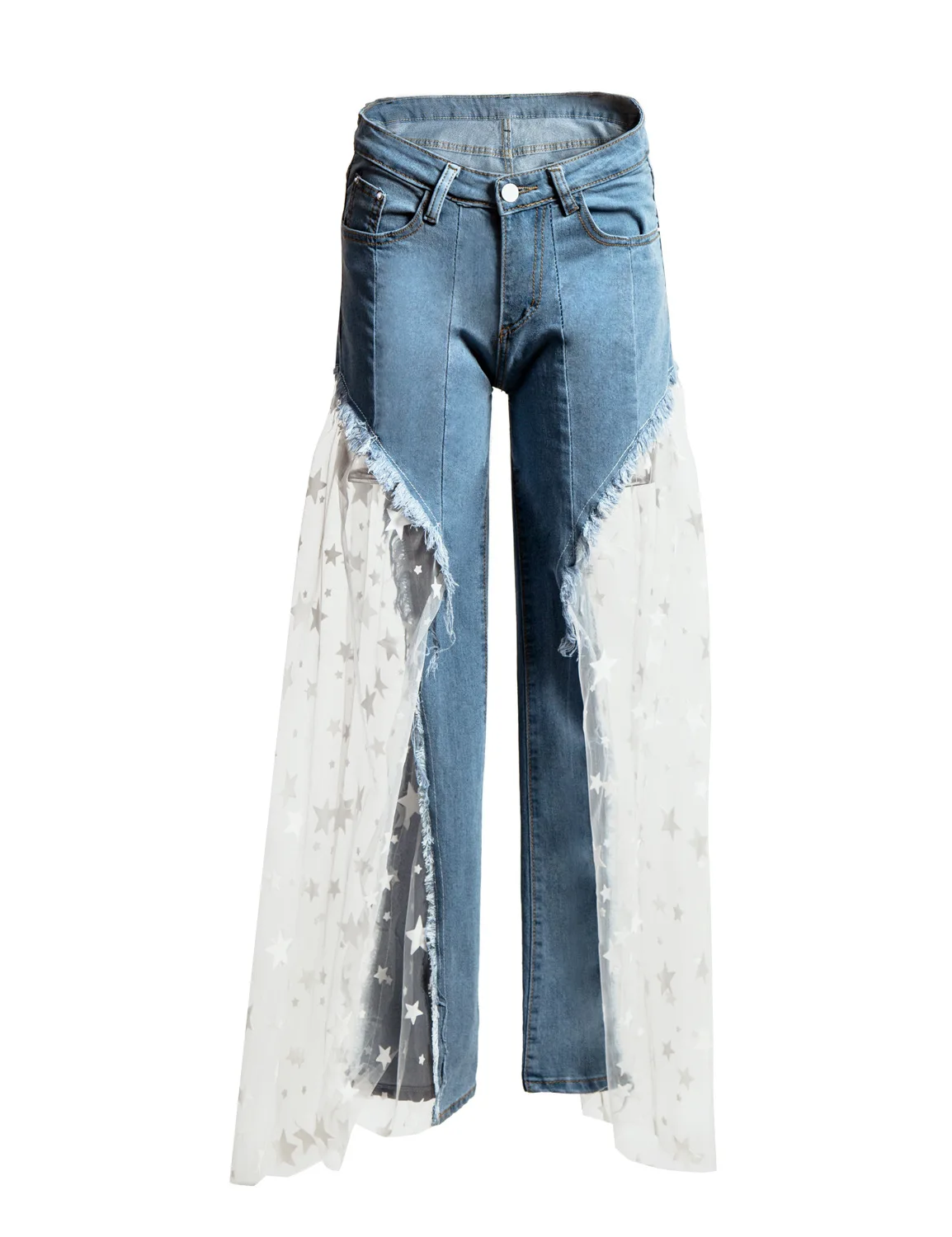 

2021 New Arrival Summer Style Female Fashion Sexy Summer Mesh Transparent Star High Waist Hot Night Club Denim Wide Leg Pants