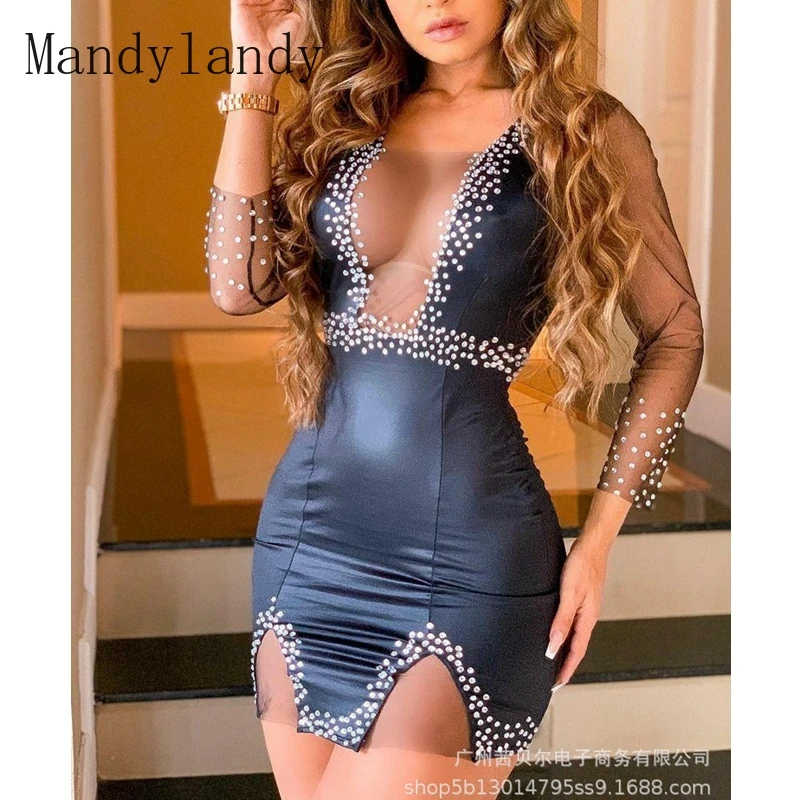 

Mandylandy Dress Autumn Diamond Long Sleeve V-neck High Waist Slit Irregular Dress Women's Sexy Mesh See-through Stitching Dress