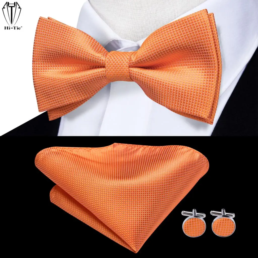 

Hi-Tie Silk Orange Solid Check Mens Bow Tie Jacquard Adult Bowtie Hanky Cufflinks Set Pre-tied Butterfly Cravat Gift Adjustable