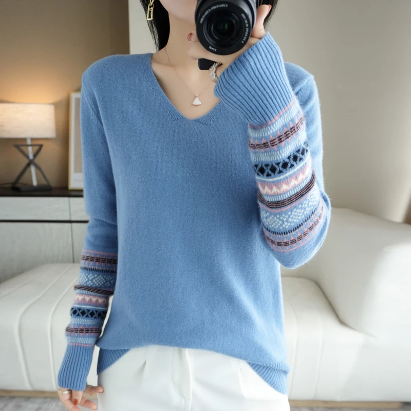 

100% Pure Wool Sweater Women's V-neck Color Sleeve Pullover Autumn / Winter Casual Knitted Tops Female Jackets Plus Size Korean