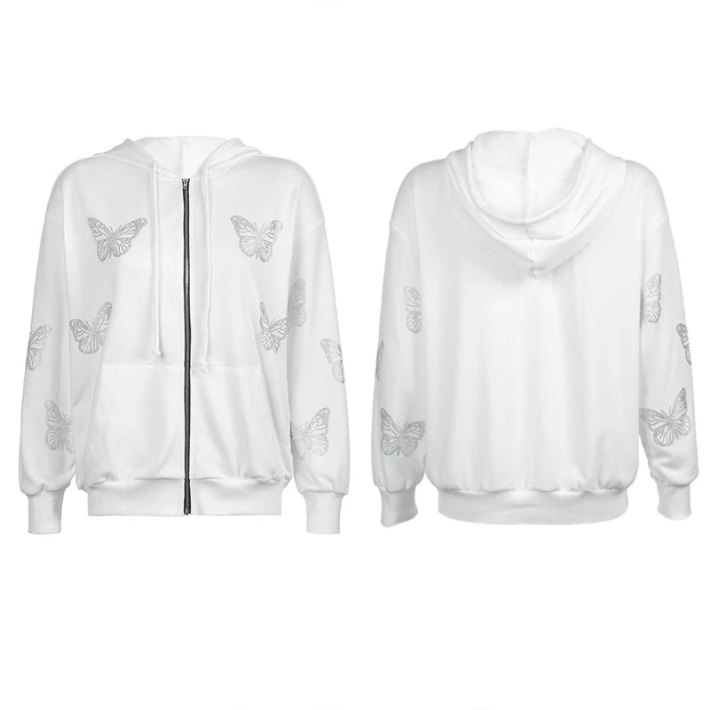 

2021 Women Zip Up Drawstring Hoodie Jacket Harajuku Goth Punk Butterfly Diamond Hip Hop Sweatshirt Coat Long Sleeve Oversized