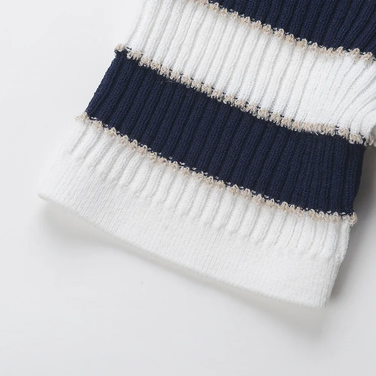 

ENGAGEMENT High Quality 2021 Summer and Autumn Round Collar Knitted Striped Dress Slim Bag Hip Skirt Beads Contrast Ladies Waist