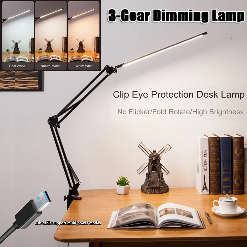 

LED Folding Metal Desk Lamp Clip on Light Clamp Long Arm Dimming Table Lamp 3 Colors Dimming Light For Reading
