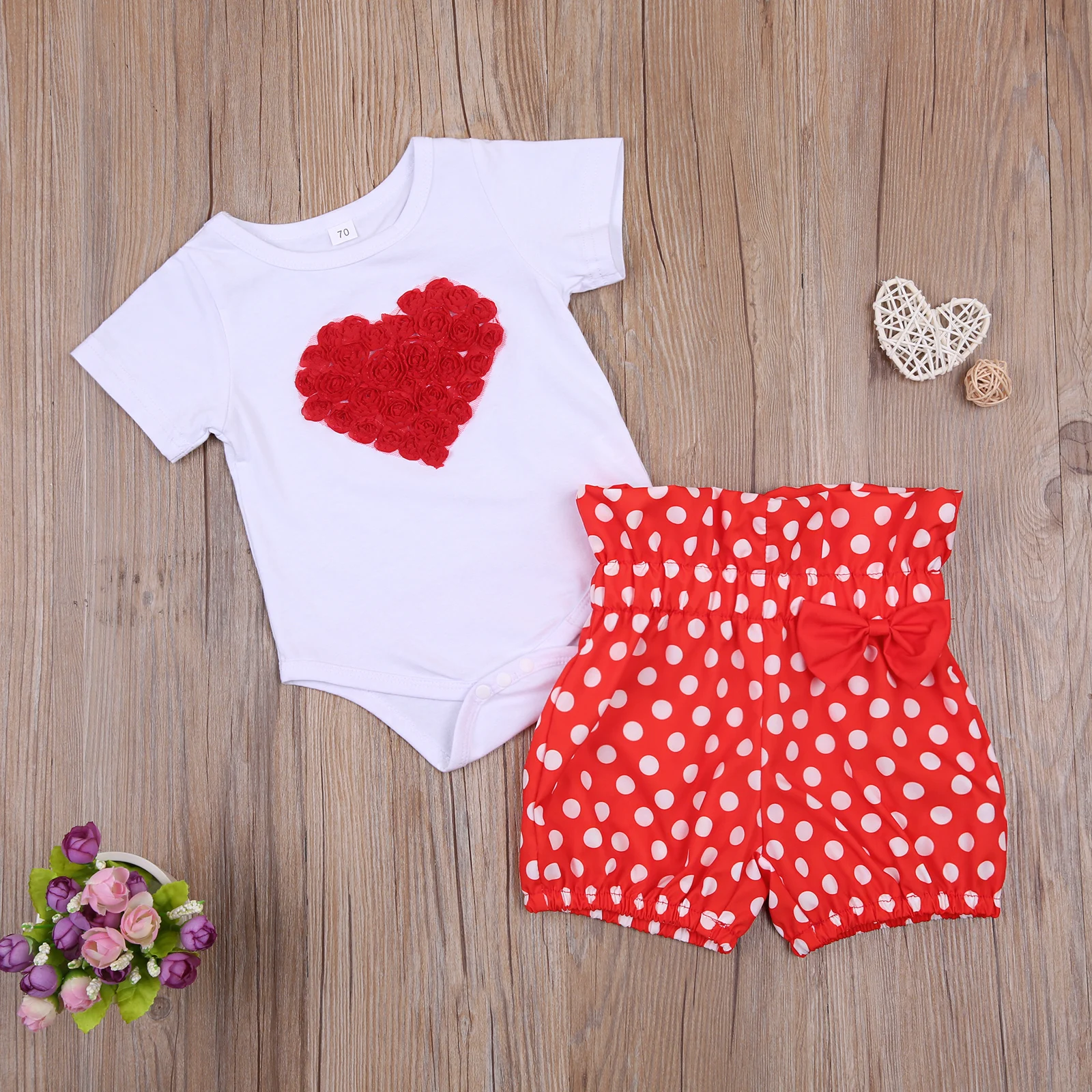 Conjunto de dos piezas de verano para reci&eacute;n nacido, Pelele de manga corta con estampado de coraz&oacute;n, Tops, pantalones cortos de lunares para beb&eacute; ni&ntilde;a-0