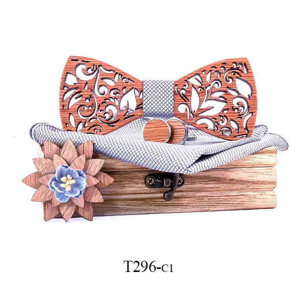 

2020 Wooden Bow Tie Hanky Cufflinks Brooch Set Men's Wood Hollow Carved Bow Tie Design Groom Wedding Skinny Bow Tie Set