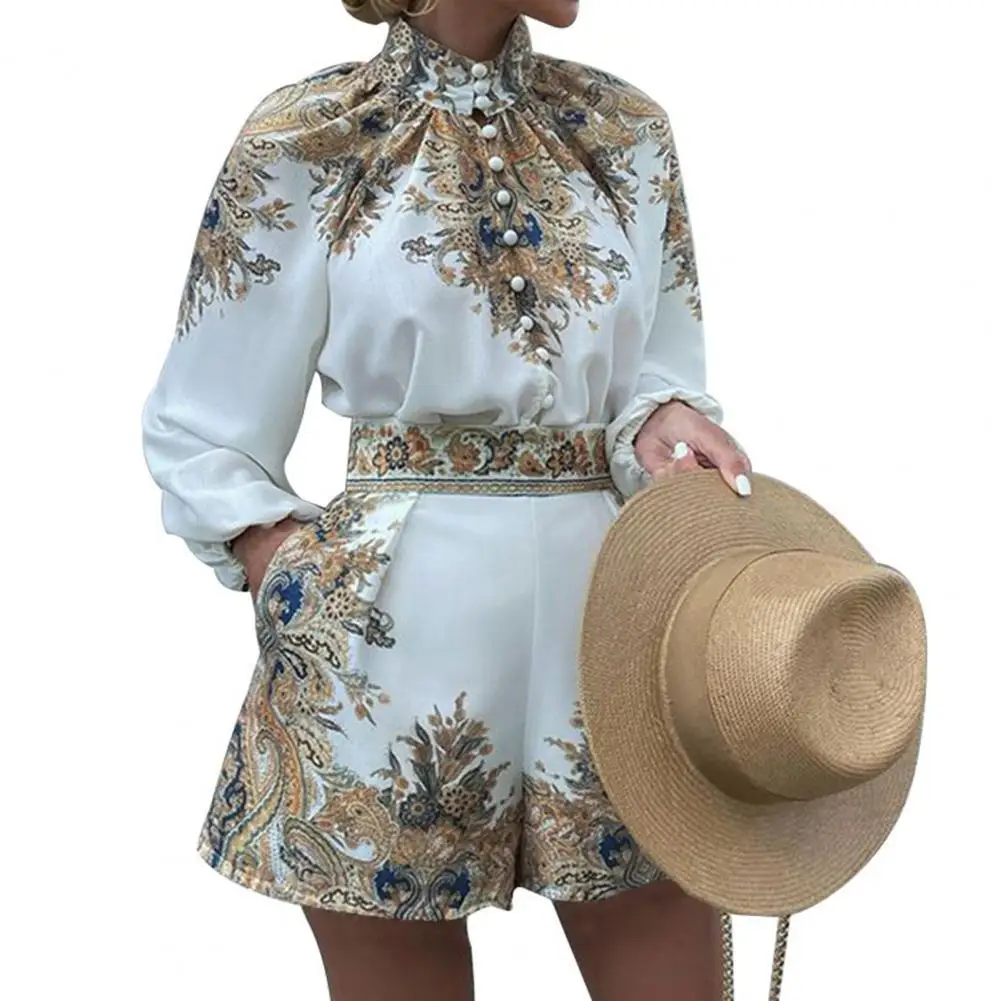 

1 Set Women Shirt Shorts Set Vintage Pattern Print Turtleneck Two-piece Single Breasted Long Sleeve Top Pocket Shorts for Office