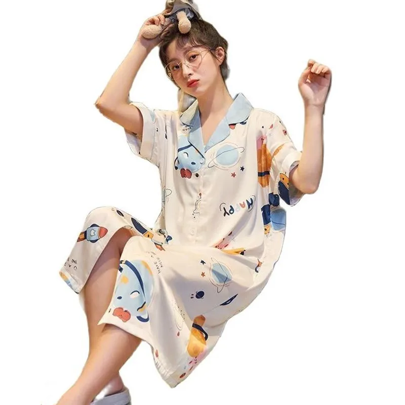 

New Summer Women Nightgown Satin Silk Nightdress Short Sleeve Turn-down Collar Cardigan Sleepwear Casual Soft Female Nightwear