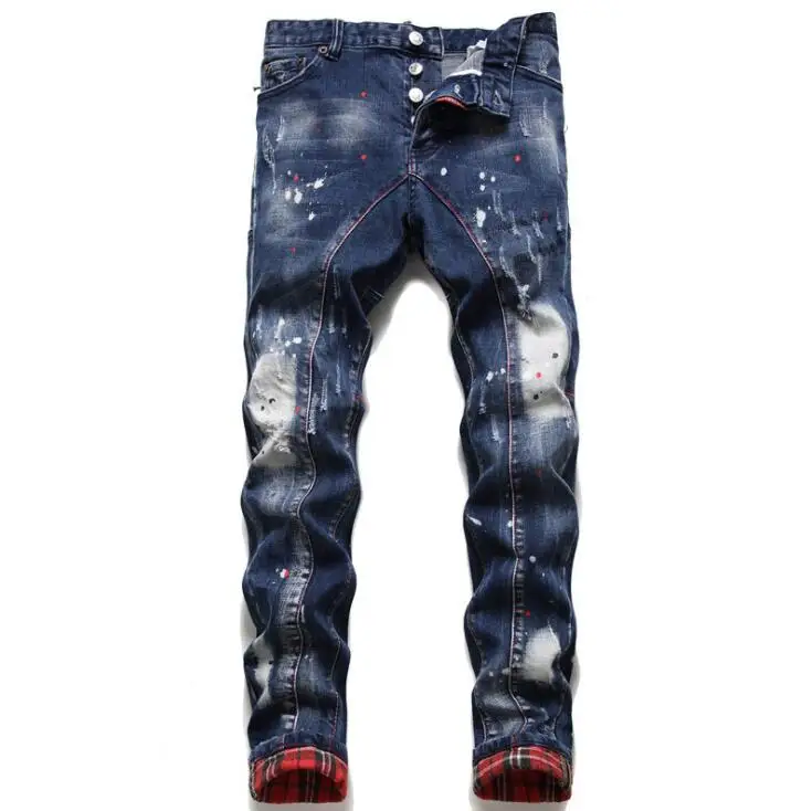 Autumn 	штаны men's slim stretch jeans winter new trousers white blue paint spray tight beggar pants