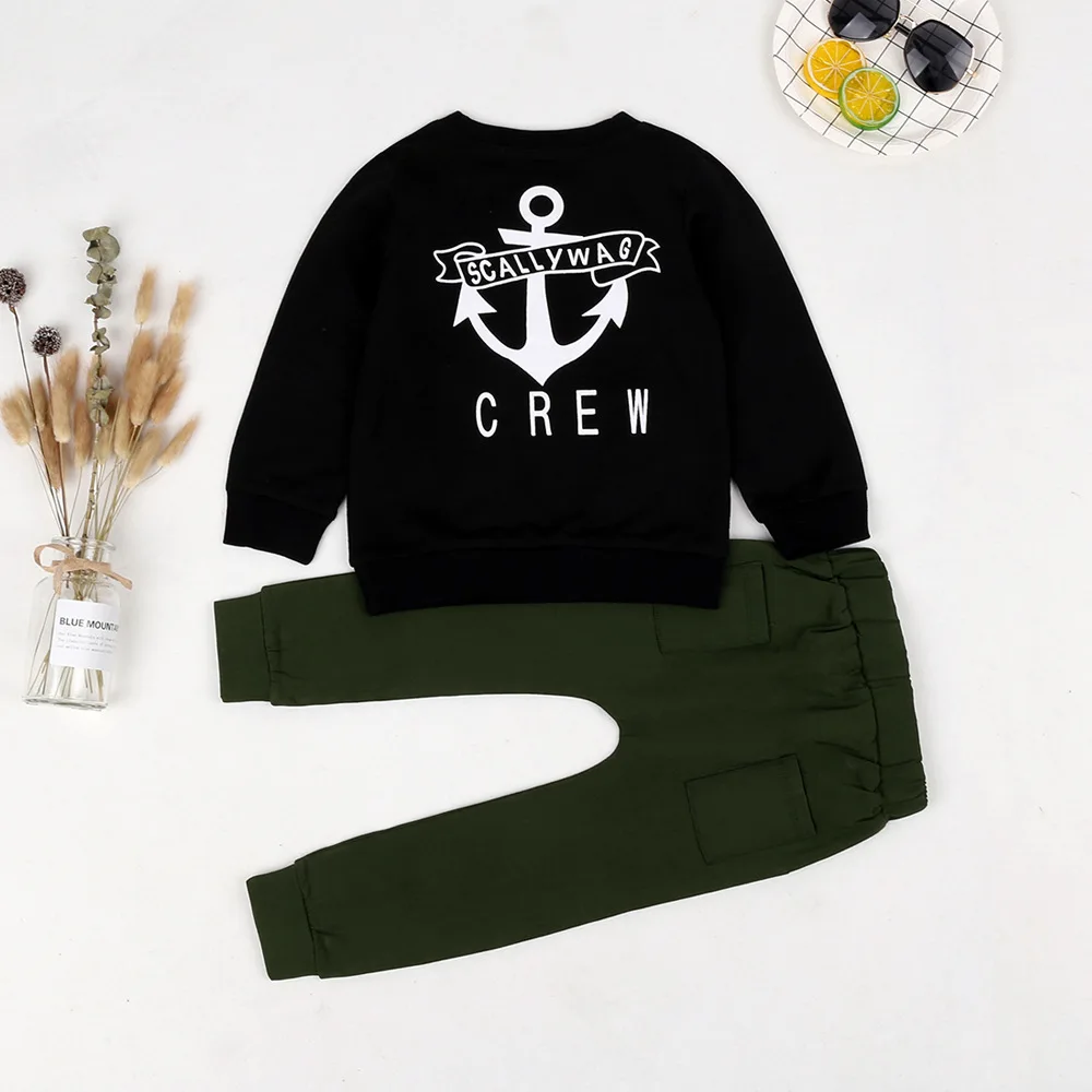 2019 Trend Style Newborn Kids Baby Clothing Sets &quotScallywag Crew&quot Grey Cotton Tops+ Khaki Pants Casual Clothes Outfits |