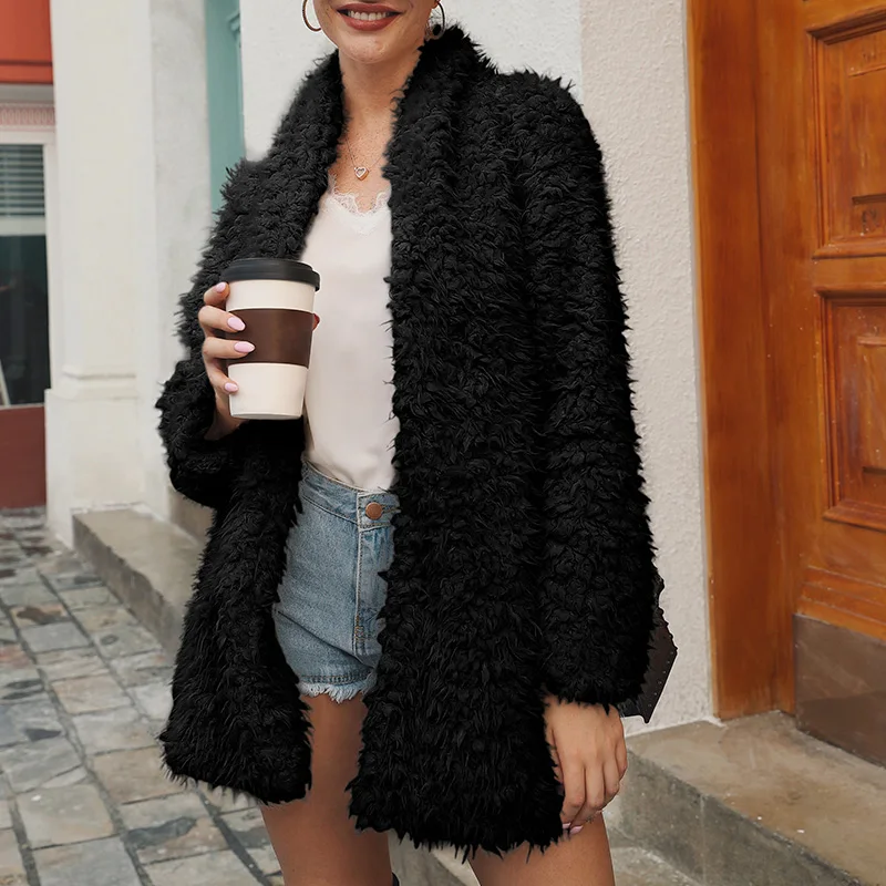 

Slim Hairy Trench Black Pink New Autumn Coat Women Solid Casual Stylish Long Jackets 2021 Fur Coats Winter Warm Overcoat Outwear