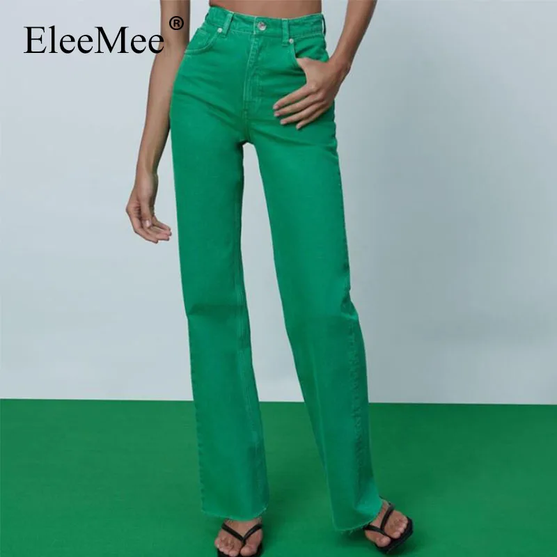 

EleeMee Wide Leg Pants For Women Fashion High Waist Jeans Pocket Fashion Green Streetwear Straight Female Trousers Size Xs-L