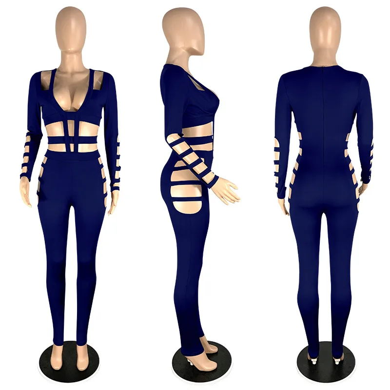 

Sexy Hollow Out Skinny Rompers V Neck Womens Jumpsuit Bandage Bodycon Long Sleeve Women Jumpsuit