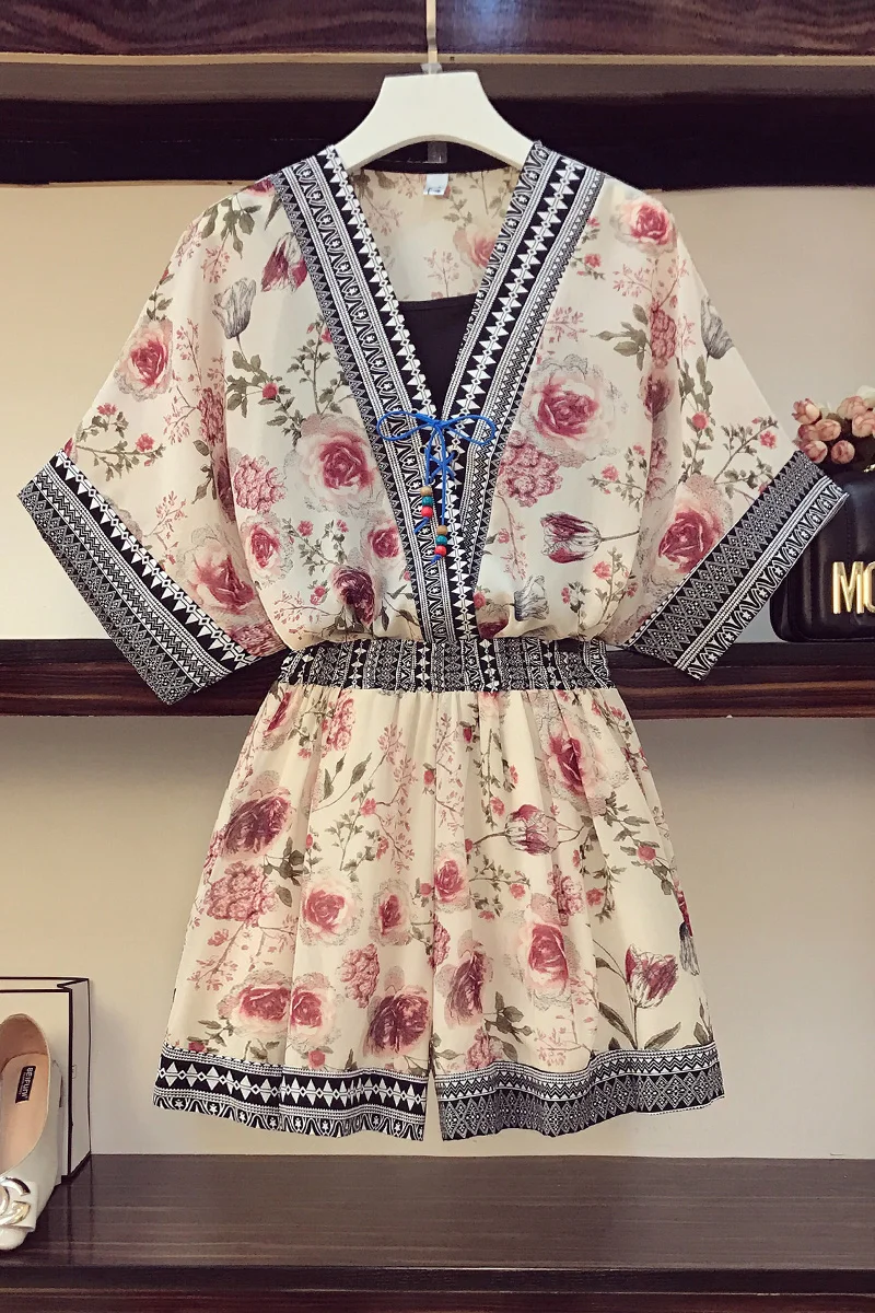 

Indie Folk Style Summer Three Piece Set Female Fashion Short Sleeve Shorts Suits Women Print Set Women Clothing 2021 New