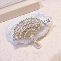 2pcsset fan shaped golden barrettes women elegant rhinestone pearl hair clip street all match vintage bb clips hair accessories