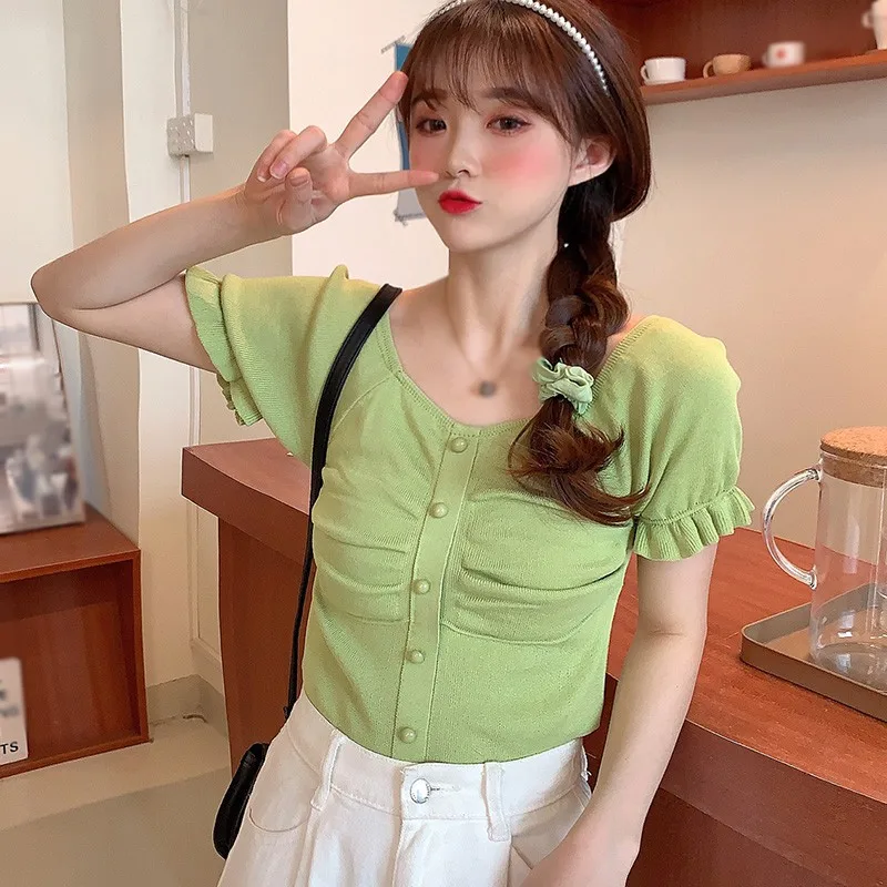 

Women's Solid Square Collar Pleated Slim Fashion Casual Knitted Short Sleeve T Shirt