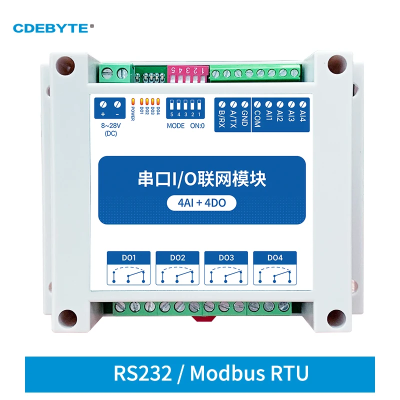 

MA02-XACX0440 CDEBYTE RS232 4AI+4DO Watchdog ModBus RTU Control I/O Network Module with Serial Port for PLC/Touch Display IoT