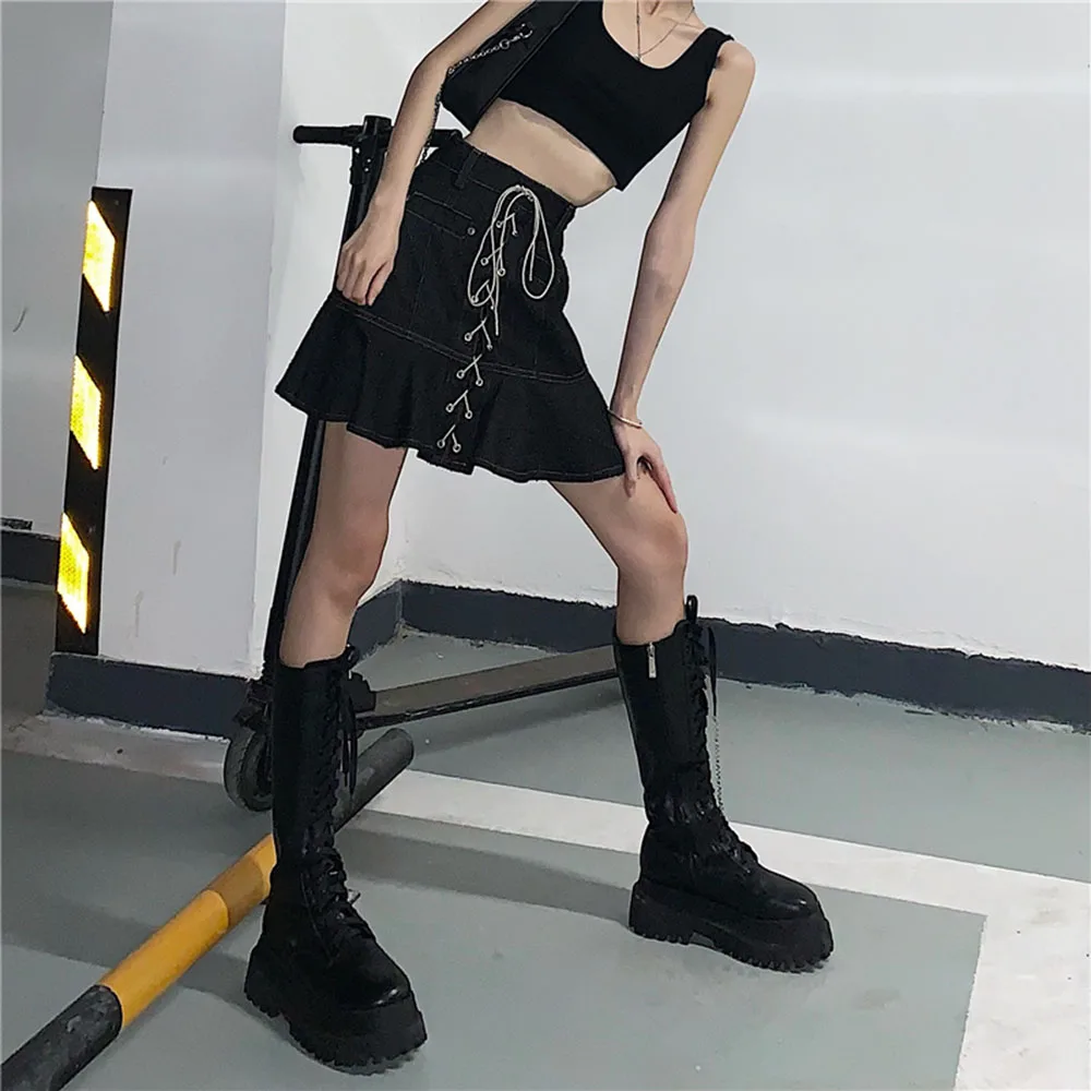

2021 Summer New Women's Skirt High Waist Solid Color Cowboy Bandage Fashion Design Hipster Simple Casual