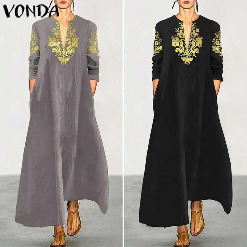 VONDA Maxi Long Dress Womens Cotton Vintage Printed Robe Femme Casual Loose Sundress Autumn Sexy V neck Party Vestidos Plus Size