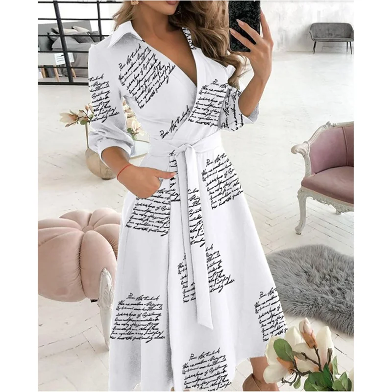

Spring And Summer New Ladies 2021 Fashion Plus Size Pleated Dress Long Sleeve V-neck Printed Bag Hip Dress Women's Clothing