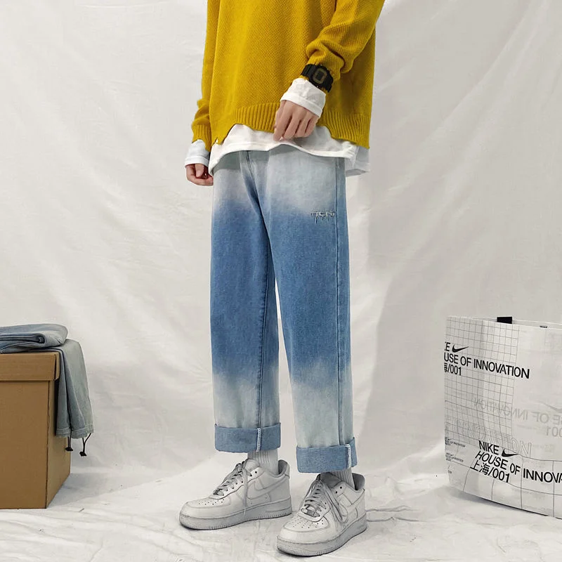 

Мужские объемные джинсы с карманами, повседневные брюки градиентного цвета, свободные прямые брюки, байкерские джинсовые брюки, новинка 2021