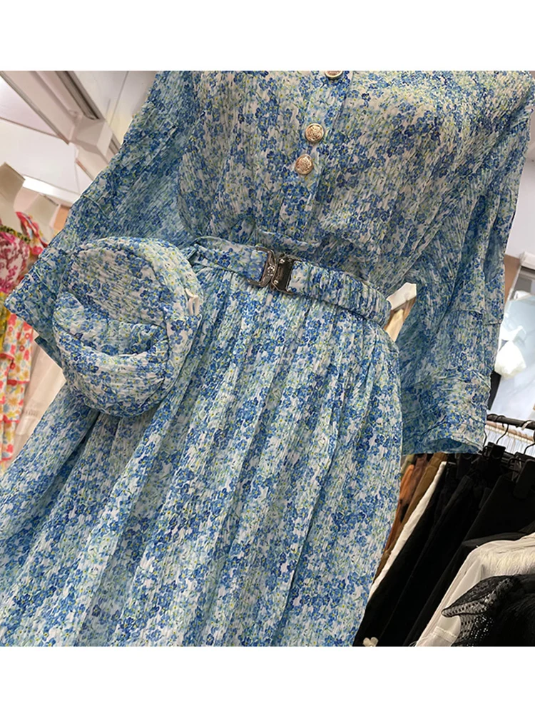 

Retro print floral lapel single-breasted ties high waist loose pleated dress ladies summer new styles send pockets fashion