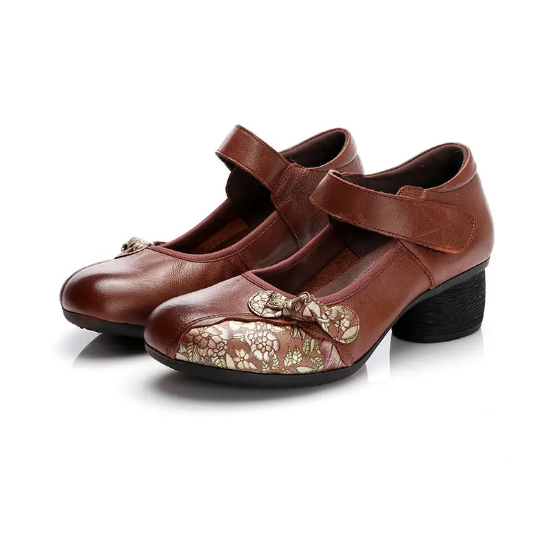 

Glglgege Women Retro Style Heel Pumps Embroidered Flannel Stitching Cowhide Leather Ankle Strap Casual Chunky Heel Pumps Shoes