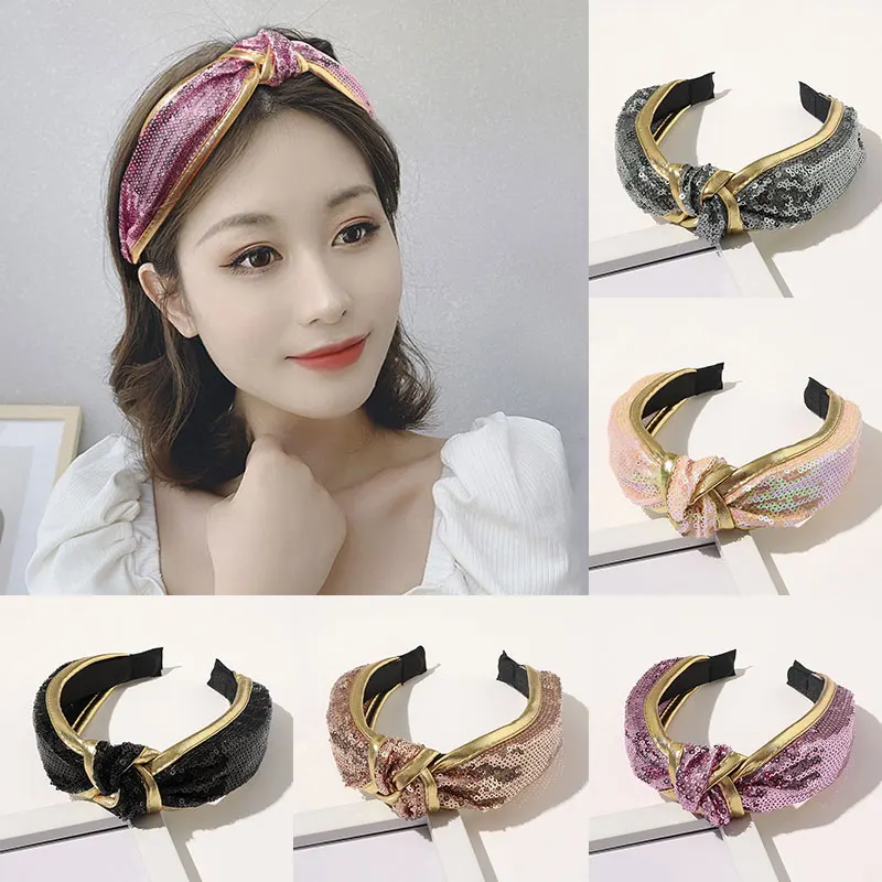 Модные блестящие обручи для волос ободок с блестками перехлёстом золотые