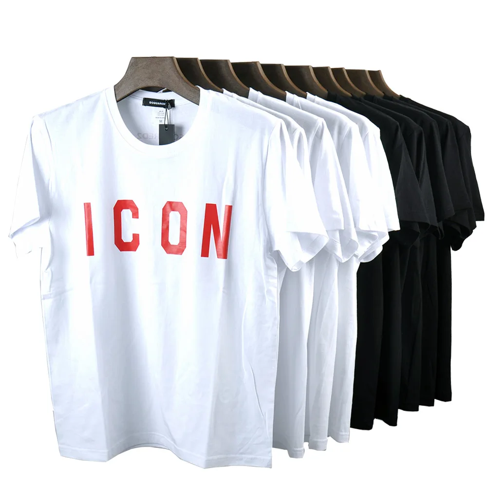 

DSQ brand summer style 100% cotton men black T-shirt casual O-Neck T-shirt short sleeve tees white letter T-shirt for men