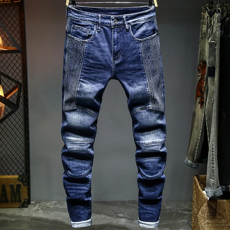 Newly Street Style Fashion Men Jeans Retro Blue Elastic Slim Fit Spliced Designer Biker Jeans Men Hip Hop Denim Punk Pants Homme
