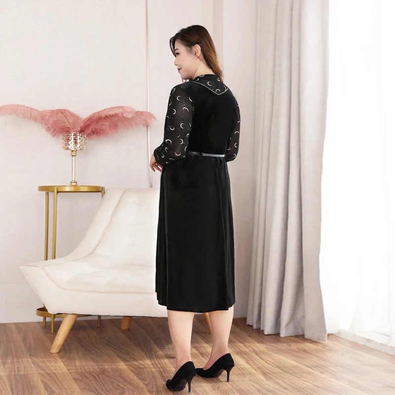 

Extra Plus Size Winter Dresses Women Print Long Sleeve High Waist A-line Velvet Casual Party Dress Without Belt