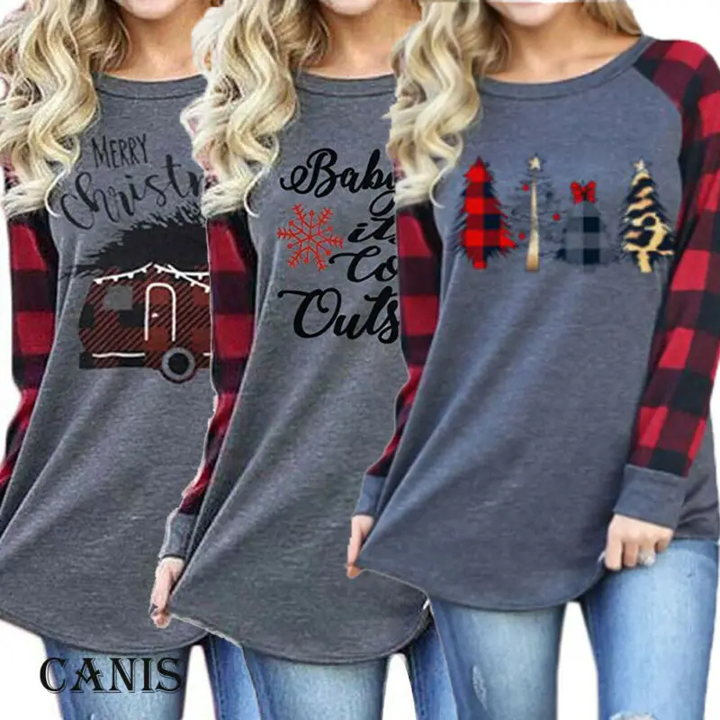 Рождественская футболка Топы Женская Подарочная рубашка в клетку с принтом