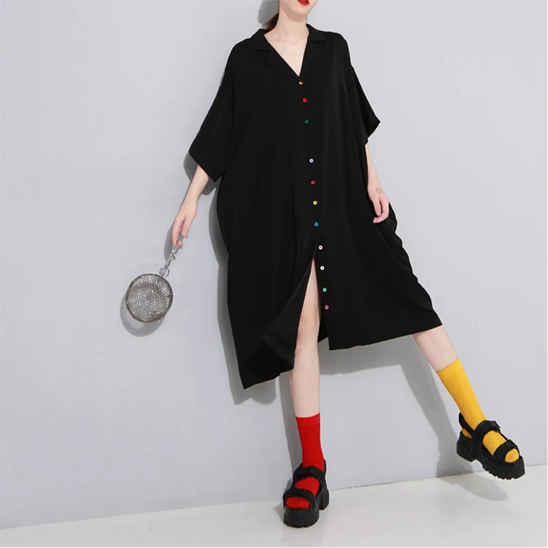 

AISTELIK2020 dress summer new women's rainbow button lapel loose large size long short-sleeved dress