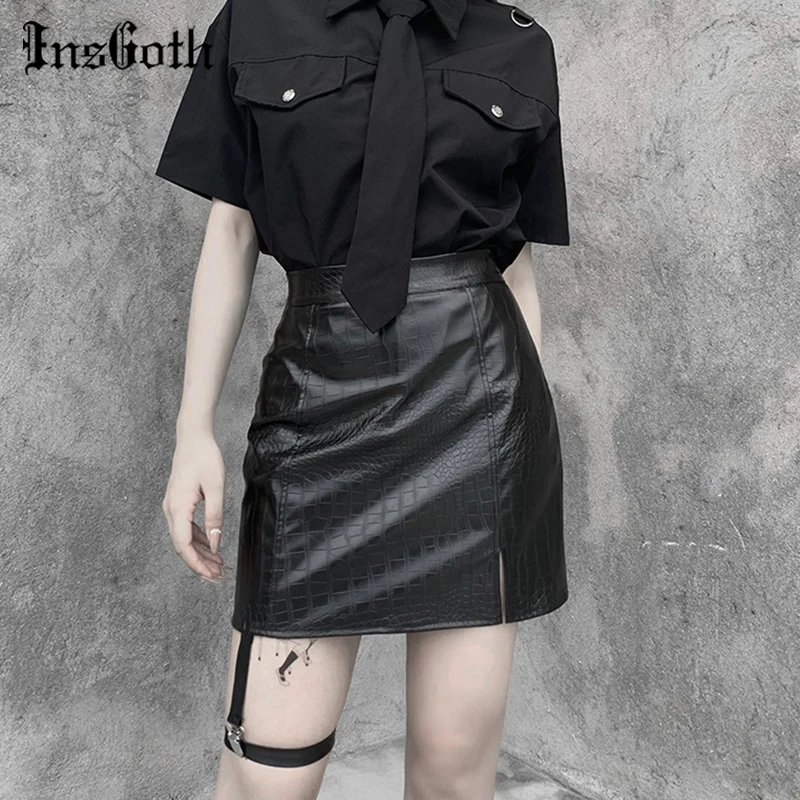

InsGoth Gothic Sexy PU Leather Bodycon Skirt Aesthetic Black High Waist Leg Ring Mini Skirts Y2K Fairy Grunge Punk E Girl Skirts
