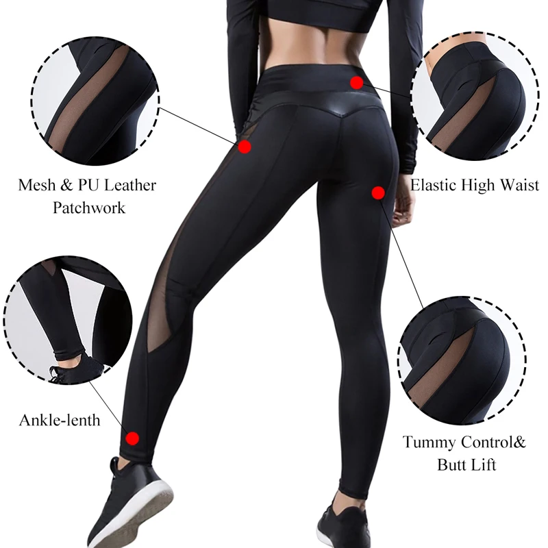 

2020 Lady Sexy Leggings Sport Pants Women Breathable Workout Jogging Push Up Yoga Pants Fitness Gym Mesh PU Leggings X130B