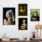 Девушка с жемчужными серьгами селфи по телефону Мона Лиза Кот Искусство Печать на холсте картина забавная знаменитая картина на стену украшение для дома постер